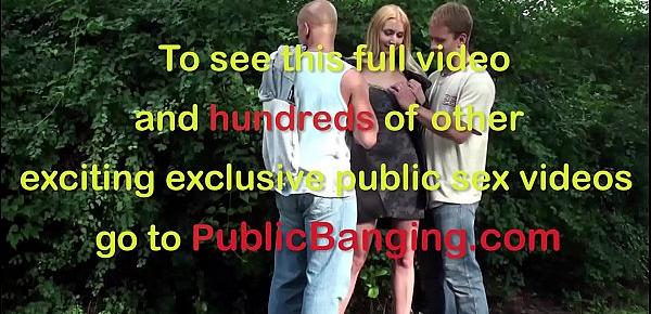  Public street cum on a cute woman face by 2 guys in gang bang threesome orgy